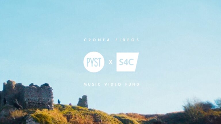 An image of a blue sky and rural landscape with PYST and S4C's logos in white