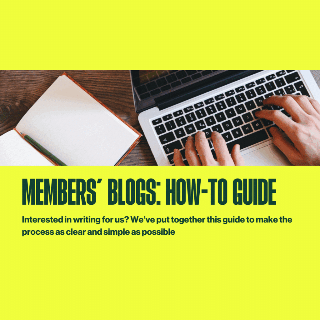 Yellow image with photo of hands typing on laptop next to a notebook