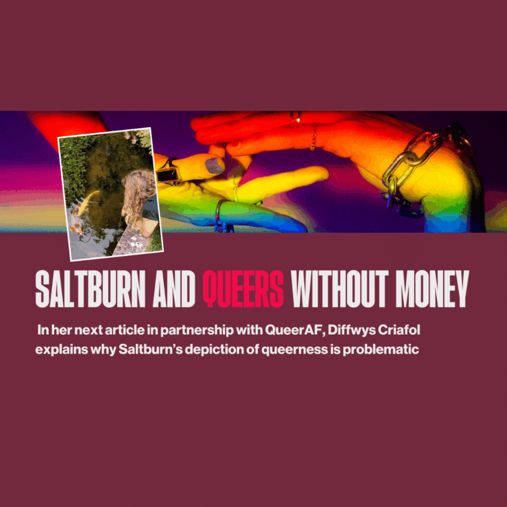 Maroon image with picture of hands in chains with a rainbow filter, and a photo of a person leaning over a wall looking into a pond.