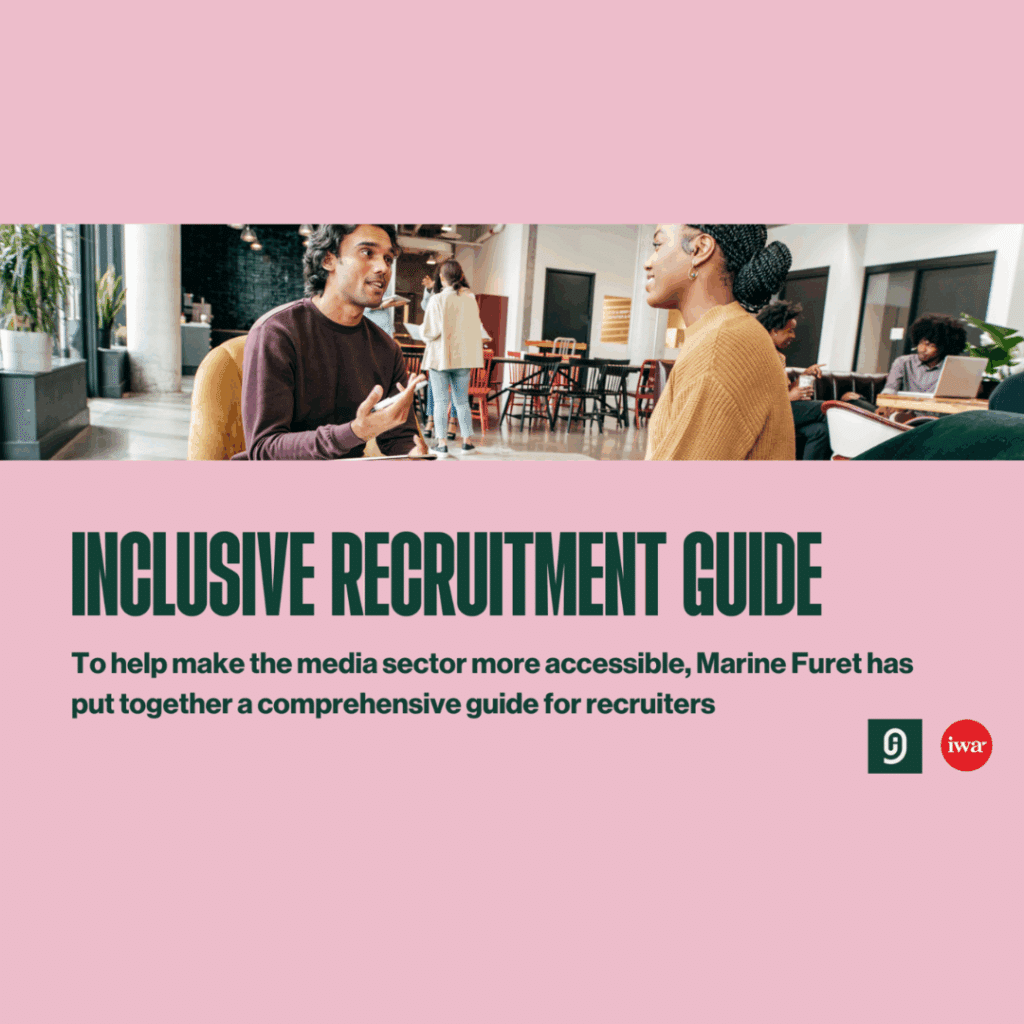 Pink image with photo of two people talking