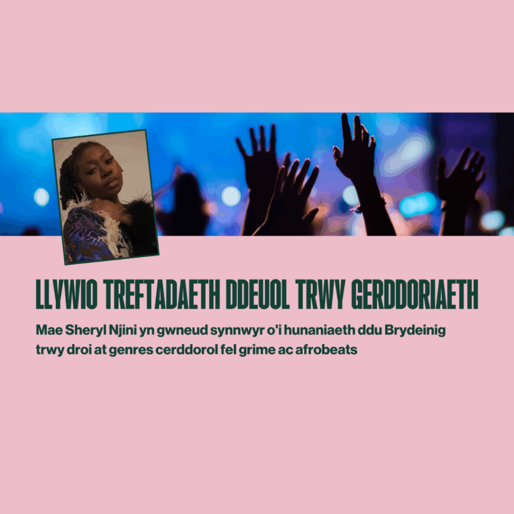 Pink image with picture of hands raised in a concert and a photo of Sheryl Njini