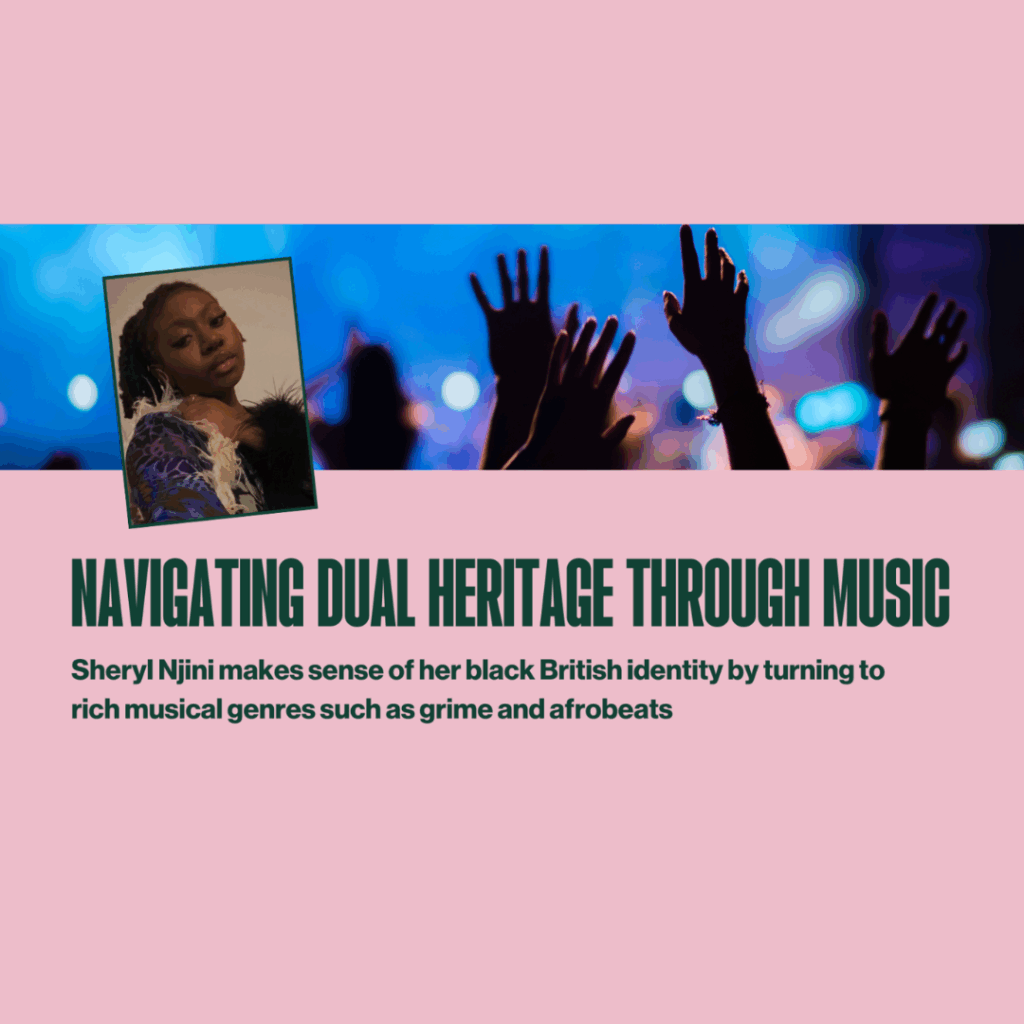 Pink image with picture of hands raised in a concert and a photo of Sheryl Njini