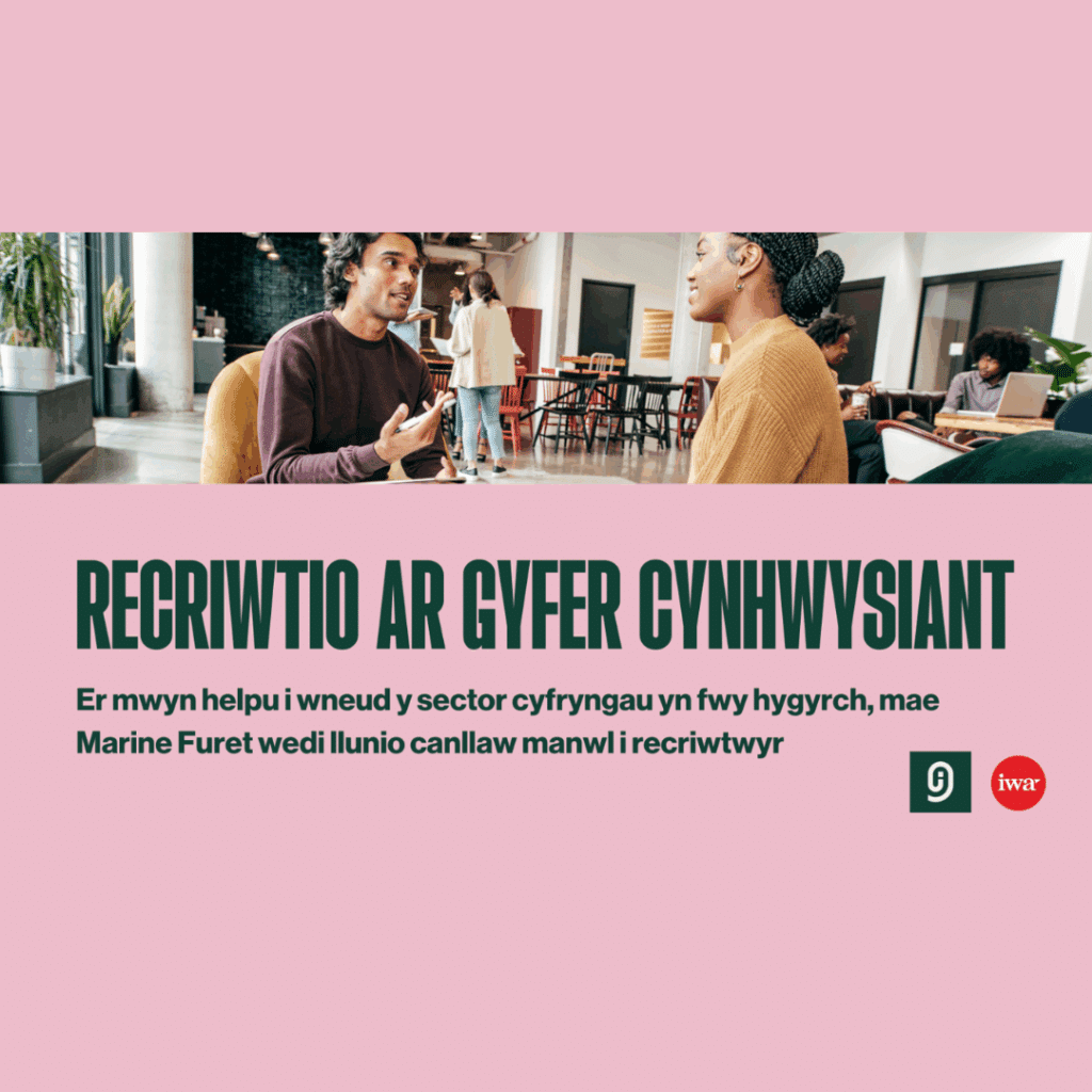 Pink image with photo of two people talking