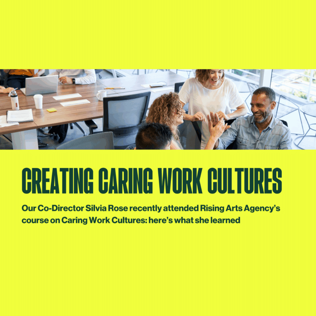 Yellow image with photo of people sitting in an office, talking and laughing