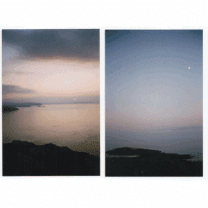 Two images of Ynys Enlli at dusk on a white background