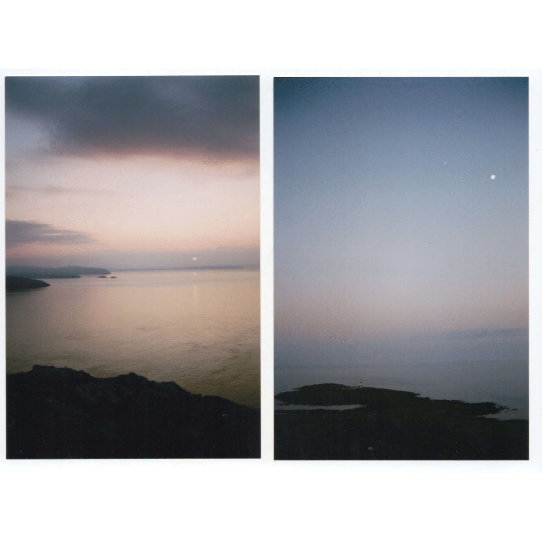 Two images of Ynys Enlli at dusk on a white background