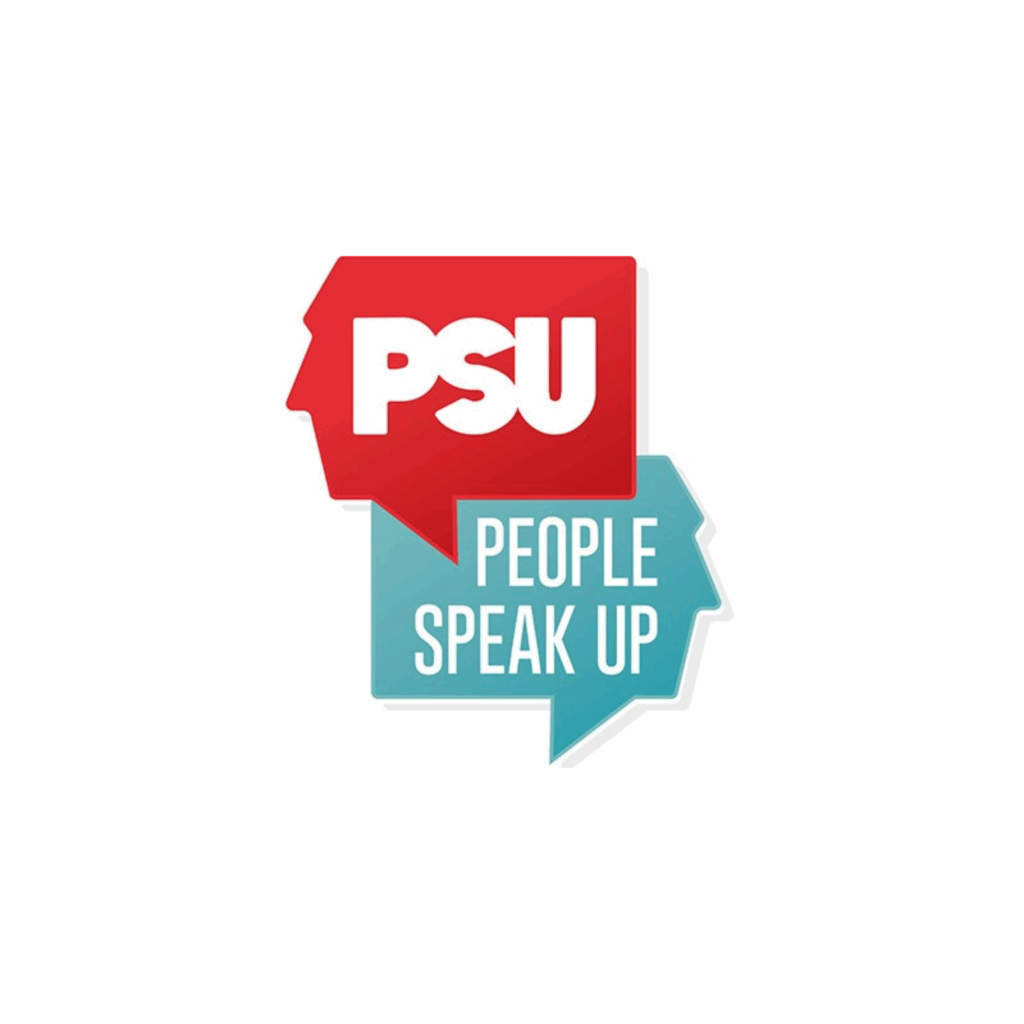 Blue and white people speak up logo and white background