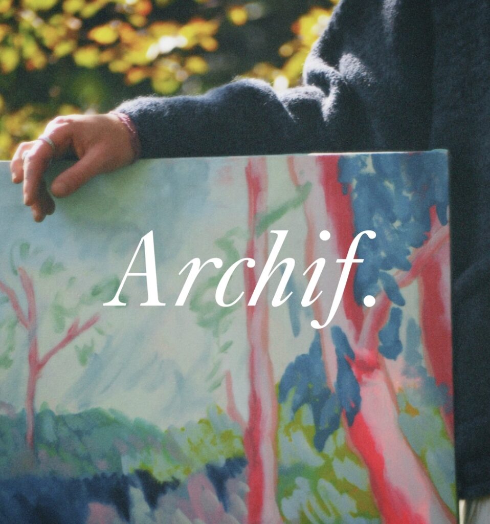 Photo of colourful painting of trees with white text of the word 'Archif'