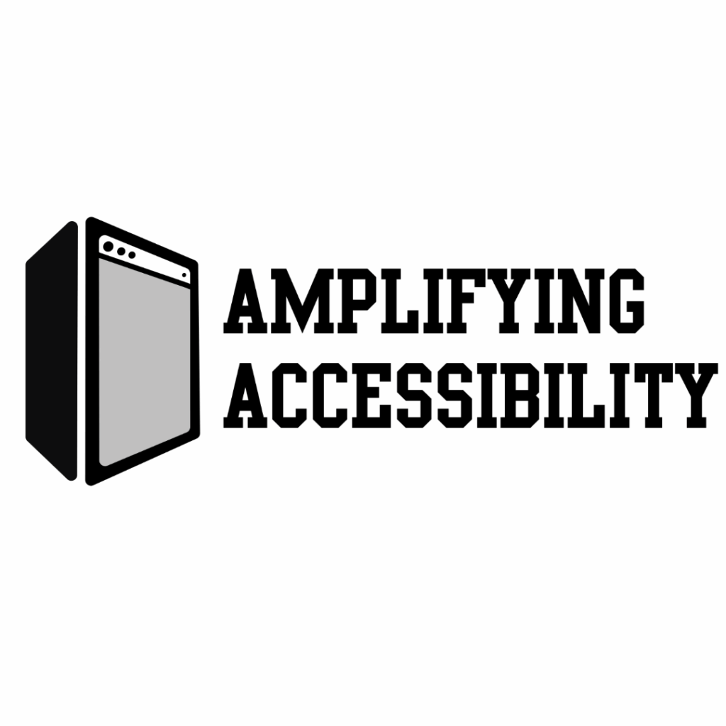 Black and white Amplifying Accessibility logo with illustration of an amp
