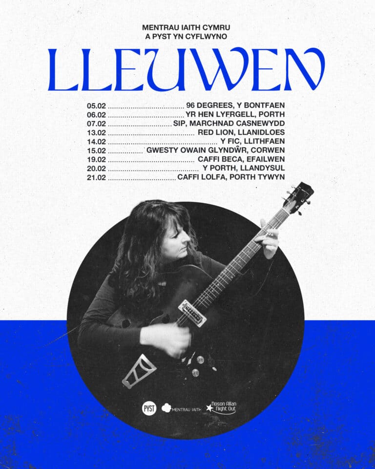 Blue, black and white tour poster with tour dates and photo of Lleuwen holding a guitar
